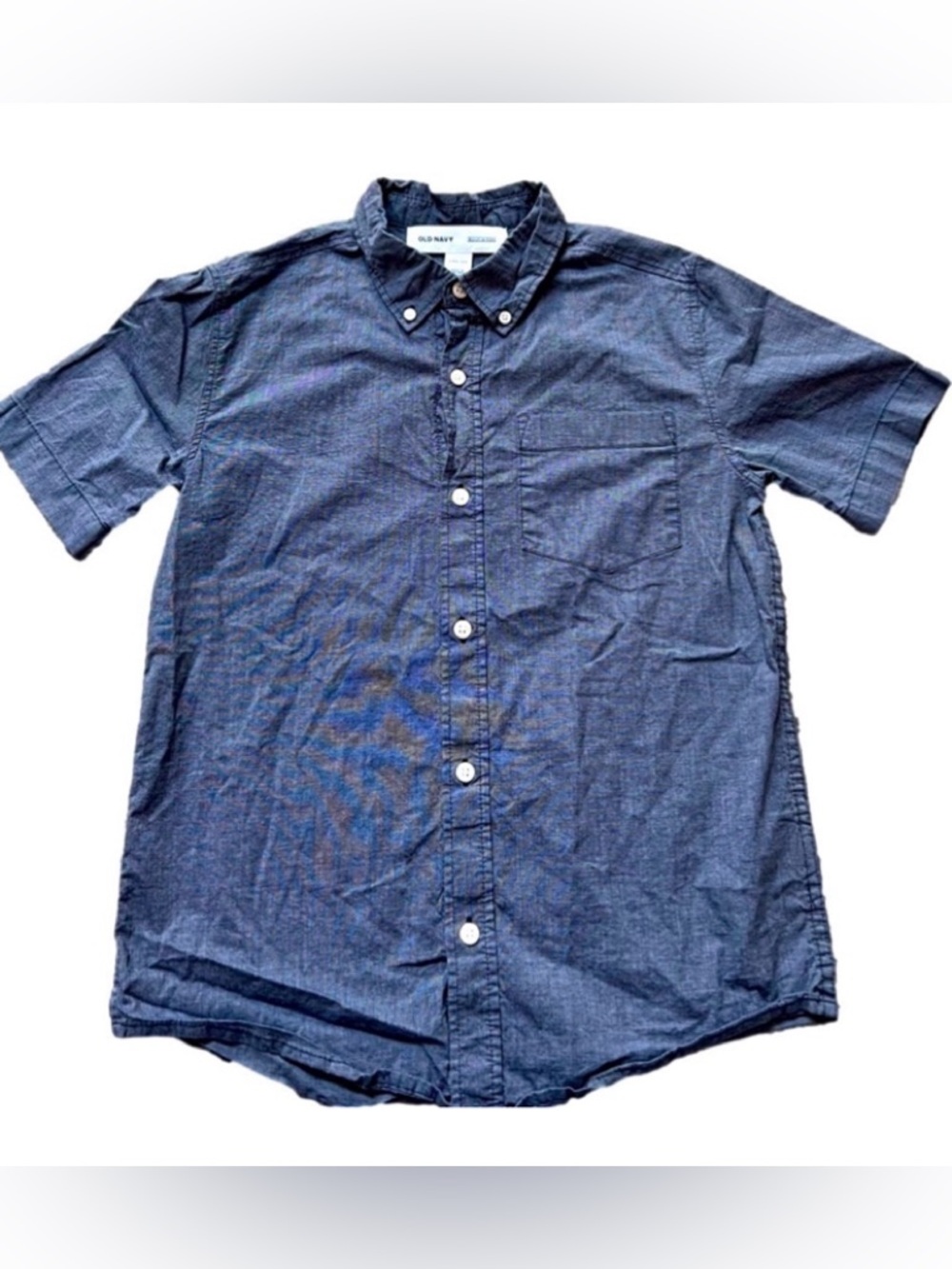 𝅺old Navy Denim/Linen-Look Short Sleeved Button Down Boy’s 10/12 Summer Shirt